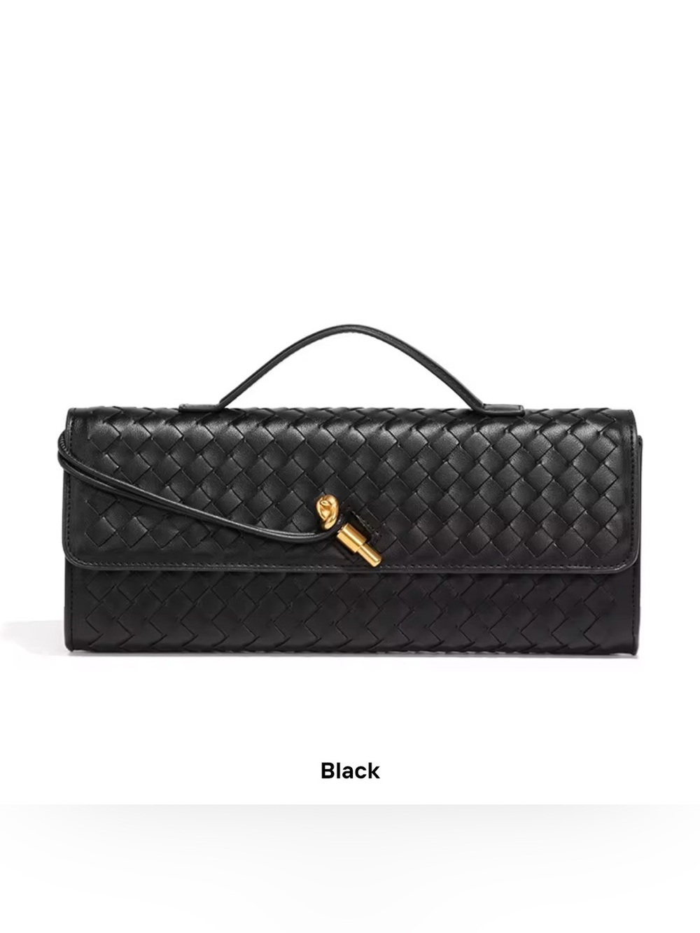 Woven Black Leather Top-Handle Clutch with Gold Hardware